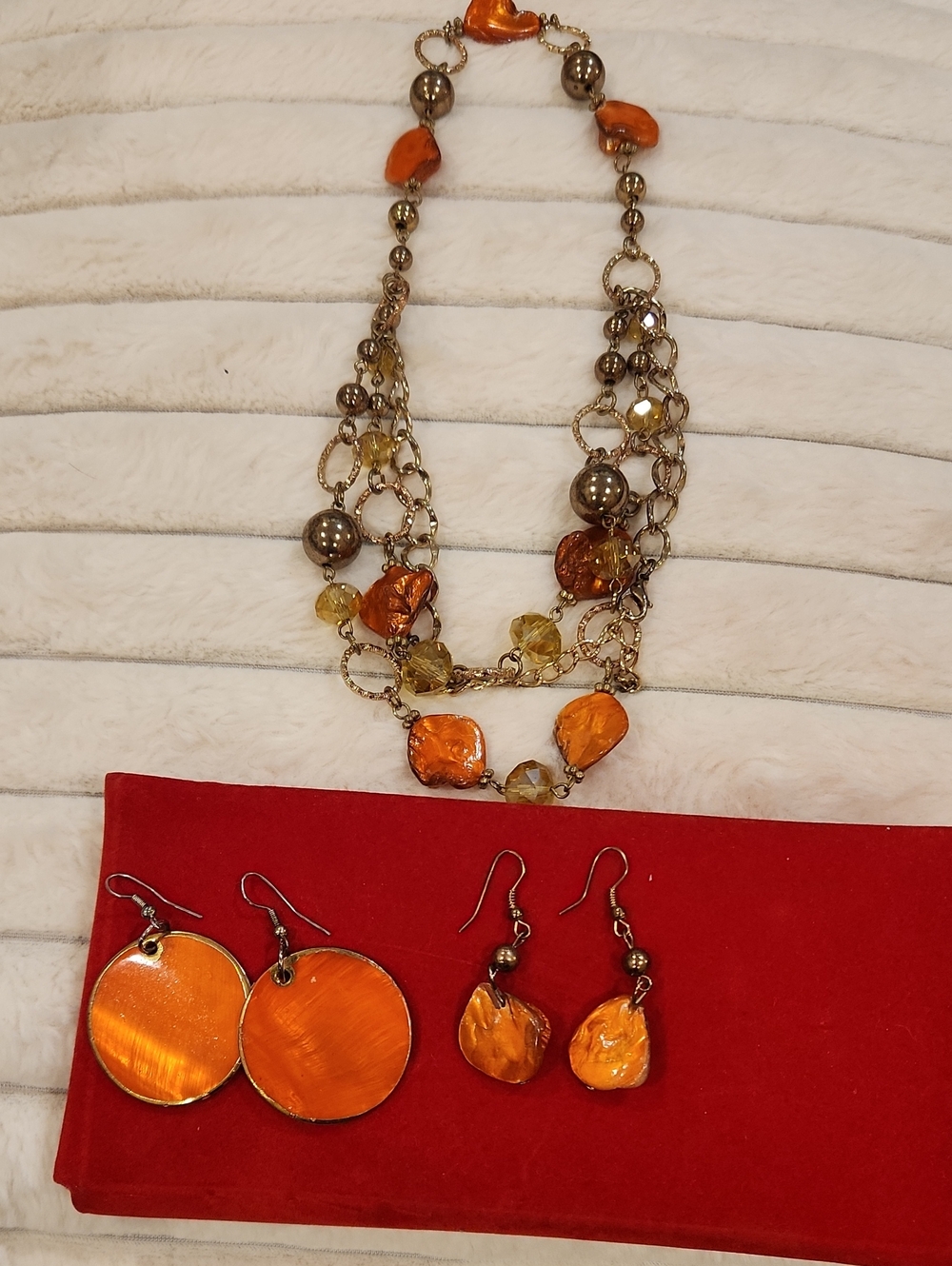 Orange Shell Multi-Strand Necklace and Earrings Set